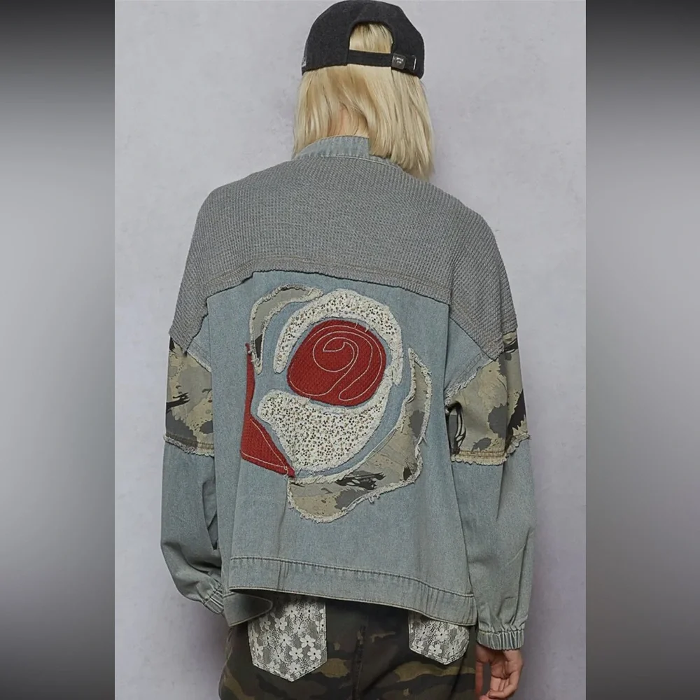 164. Oversized crochet rose embroidery camo denim jacket